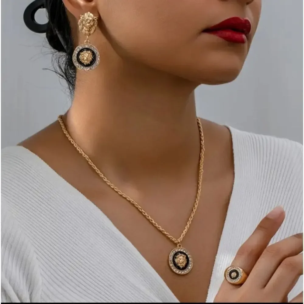 Designer Inspired Lion Necklace Ring & Earrings Set